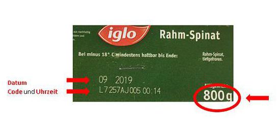 Iglo: Scharfe Plastikteile im Rahm-Spinat - Identifizierung der betroffenen Charge